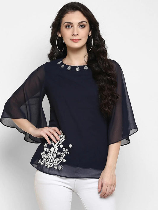 Navy Blue Embroidered Sheer Top