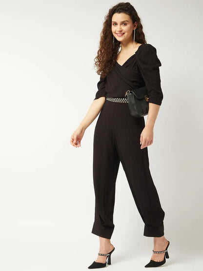Black Solid Ruffle Sleeves Stylish Jumpsuit